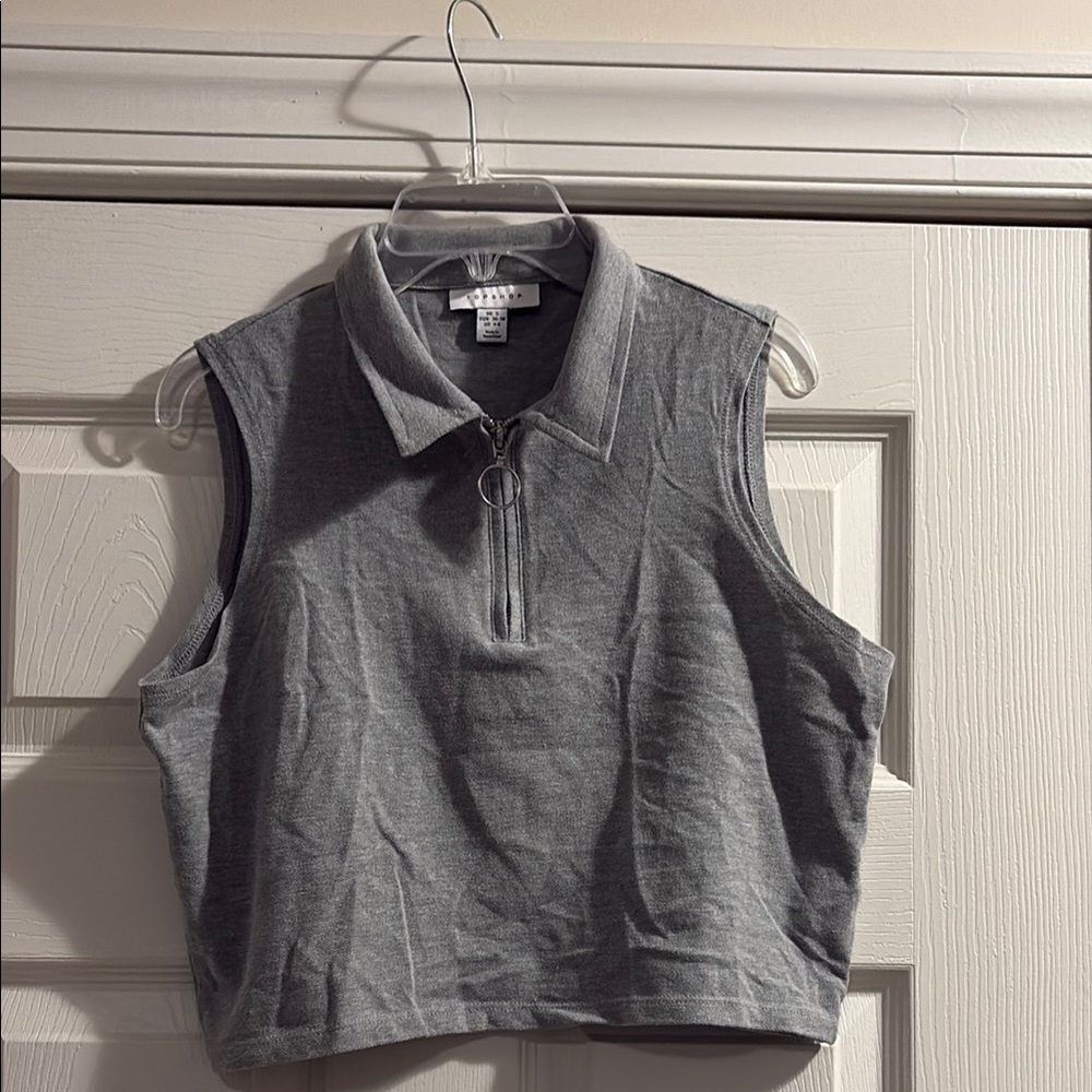 Topshop Gray Sleeveless Zip-Up Collared Top